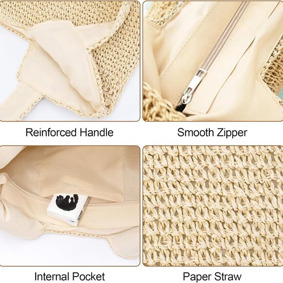 Women Beach Bag Boho Straw Tote Large Leak-Proof Lining Travel Purse - Picture 3 of 7